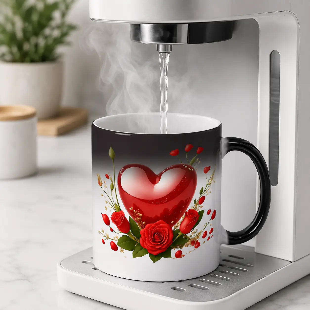 Red Roses and Heart Color Changing Mug 11oz, Heat Activated Ceramic Coffee Cup with 2D Red Heart Floral Wreath, Romantic Valentine's Day Gift for Wife Girlfriend