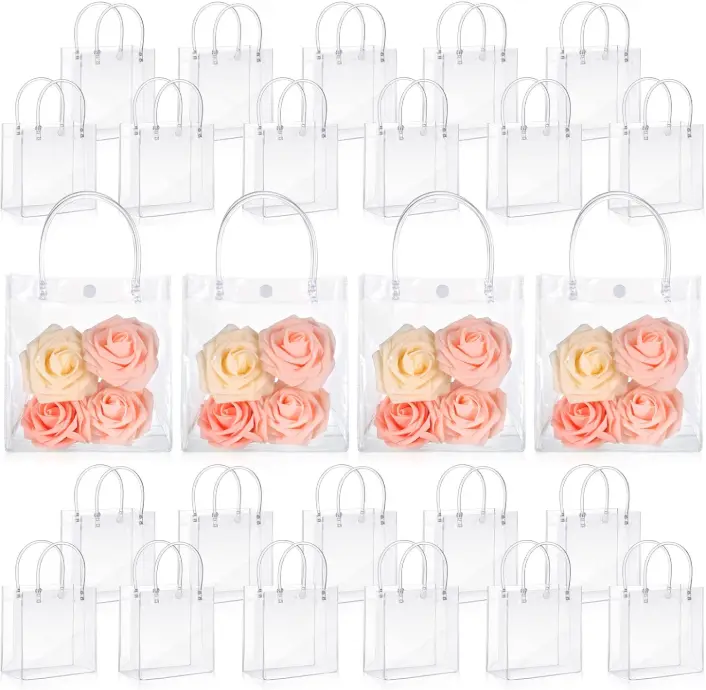 50 Packs Clear Plastic Gift Bags with Handles PVC Reusable Transparent Totes Bags for Goodie Candy School Birthday Party (5.9 x 6.3 x 2.8 Inch)