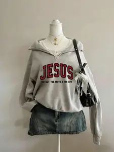 "JESUS" Aesthetic Half Zip Oversized Long Sleeve Sweatshirt, Y2K Christian Graphic Hoodie, Cozy Fleece Drop Shoulder Pullover, Vintage Washed Finish, Daily & Streetwear, Religious Print Top, Casual Pullover Tops, Womenswear