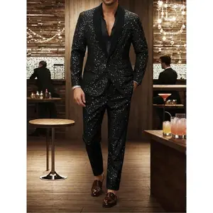 Men’s glitter suit set, slim-fit one-button blazer and pants, two-piece outfits for men, fashionable formal menswear for parties, weddings, and stage performances, long-sleeve tuxedo, blazer trousers, long-sleeve menswear, formal attire