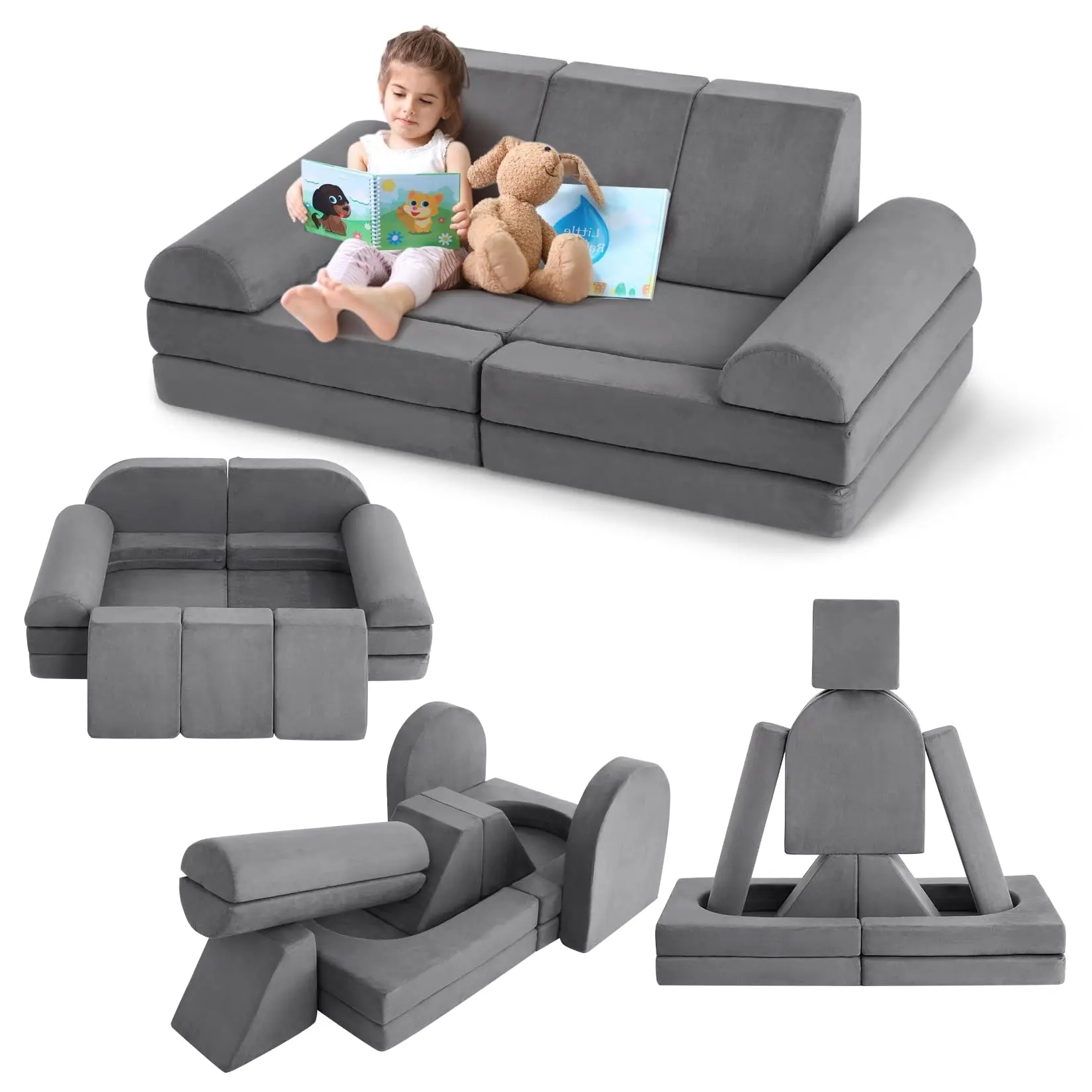 GARVEE 10PCS Modular Play Couch Set in Dark Grey, Convertible Foam Couch for Playroom, Creative and Modular Seating Solution for Kids