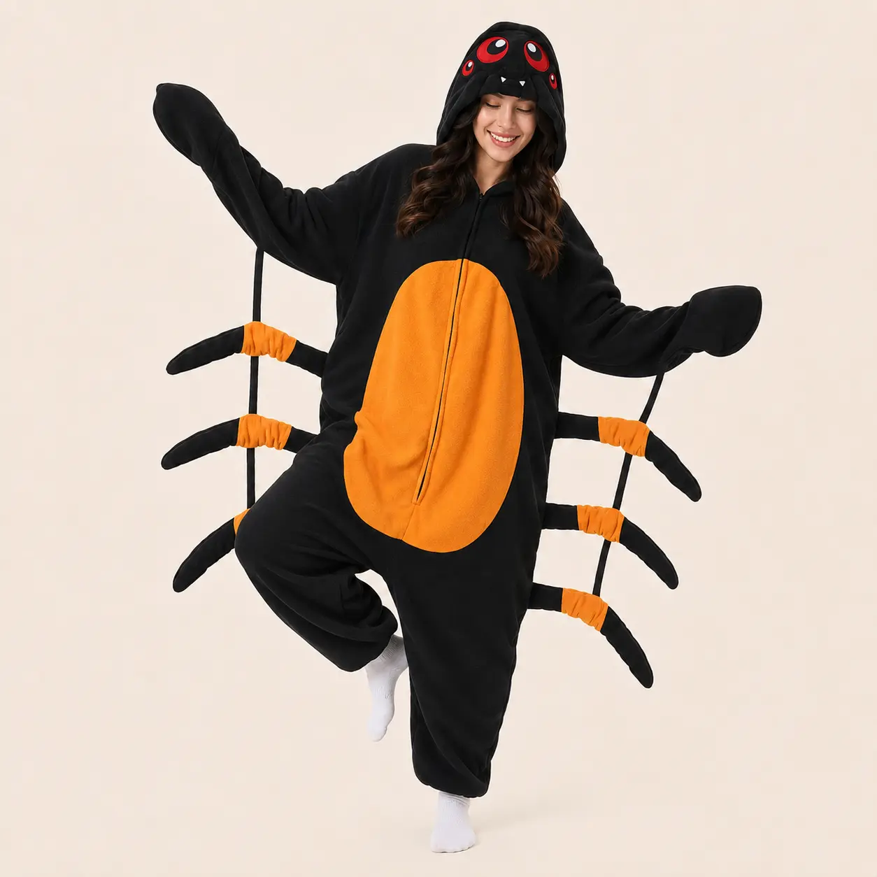 Women's Soft Fleece Black & Orange Spider Kigurumi Onesie - Hoodie, Loose Embroidered Zipper Fashion Apparel, Adult Sleepwear & Loungewear, Polyester