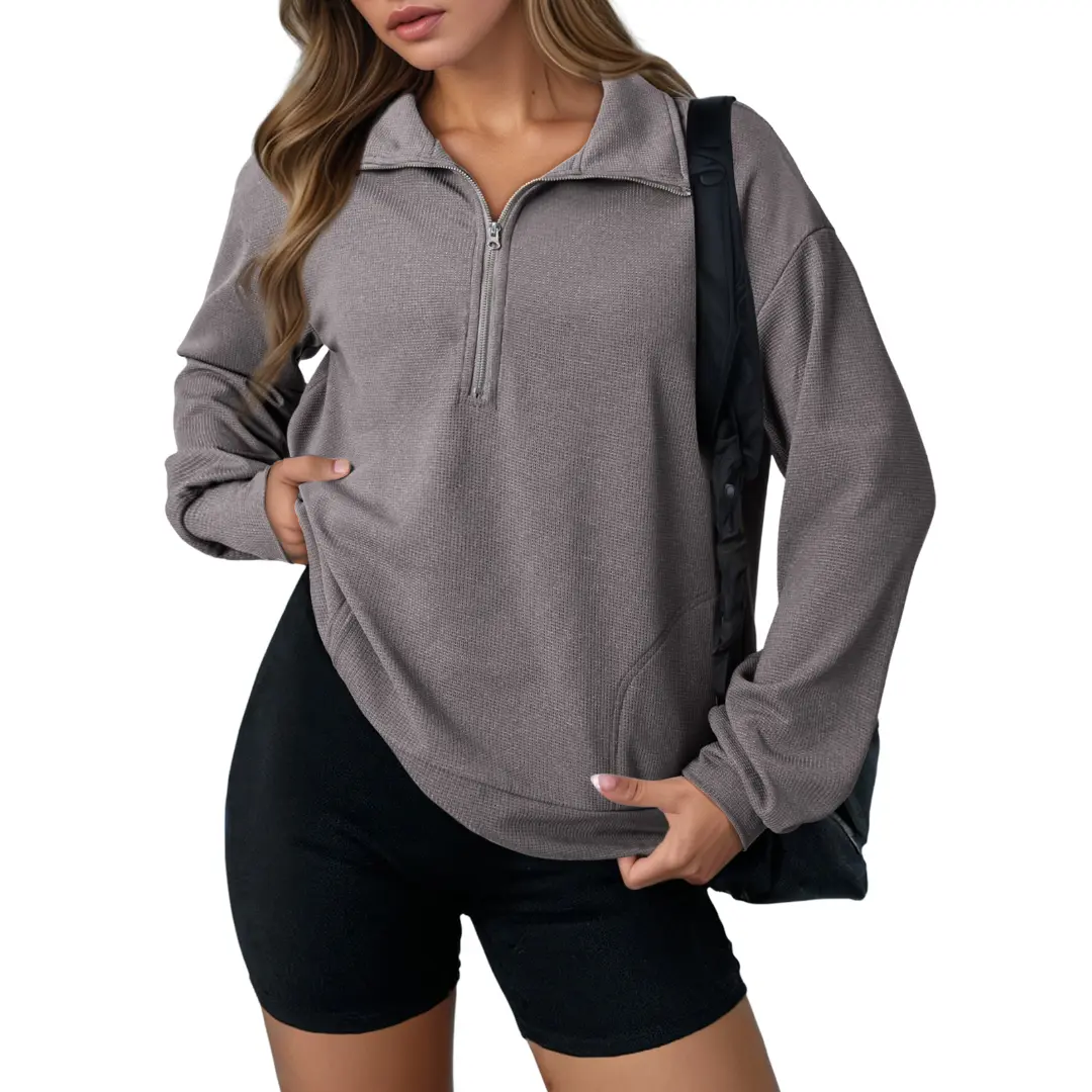Dokotoo Womens Sweatshirt Waffle Knit Long Sleeve Lapel Half Zip Casual Sweatshits Loose Pullover Tops