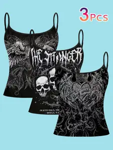 3 Piece Set Dark Skull Wing Strapless Vest Top, Gothic Print, Casual Slim-Fitting Backless Design, All Season Wear