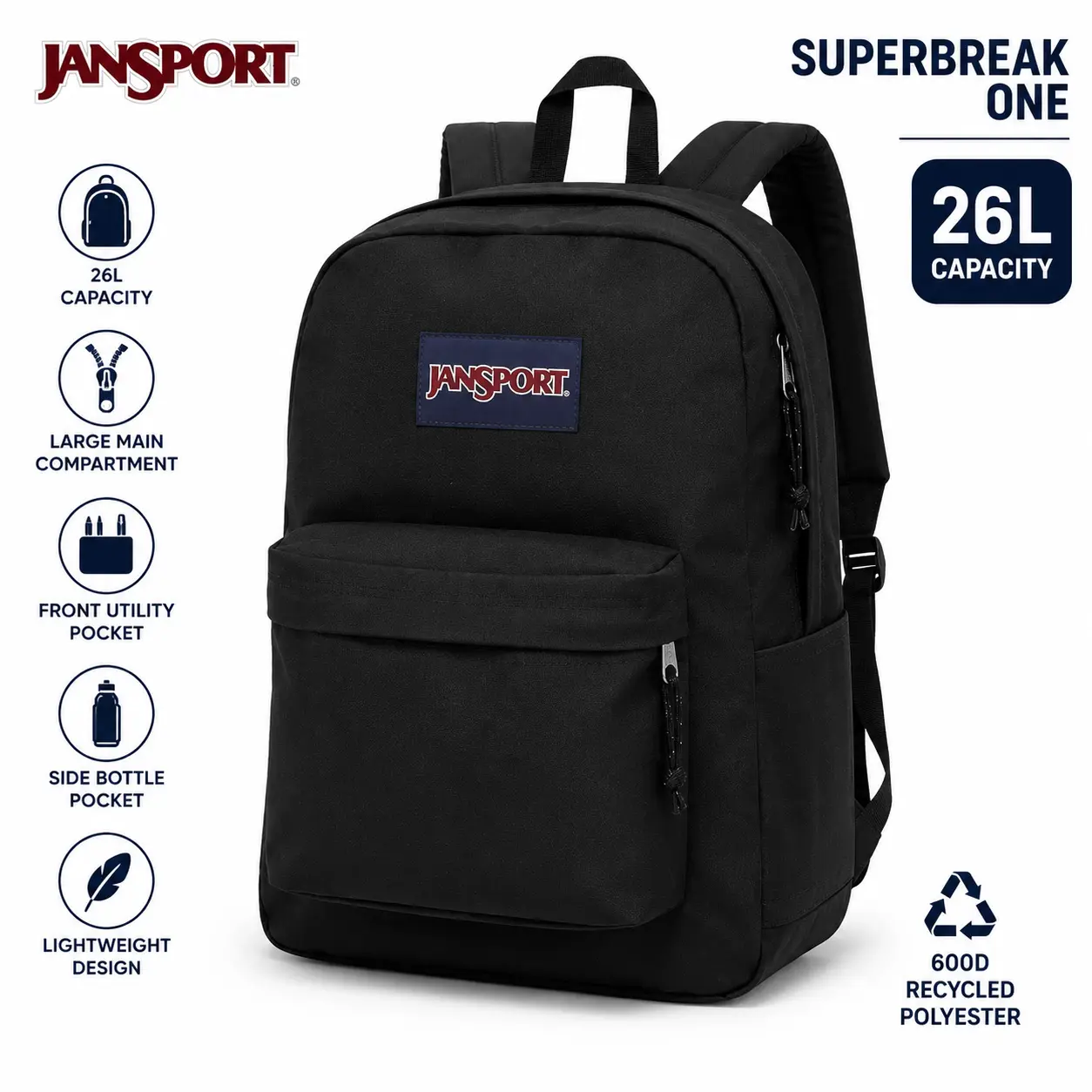 JanSport SuperBreak Multifunctional Backpack - Durable, Lightweight Backpacks for School Bookbag with 1 Main Compartment, Front Utility Pocket with Built-in Organizer, School Supplies Storage - Teen Gift, Everyday Premium Black Bag