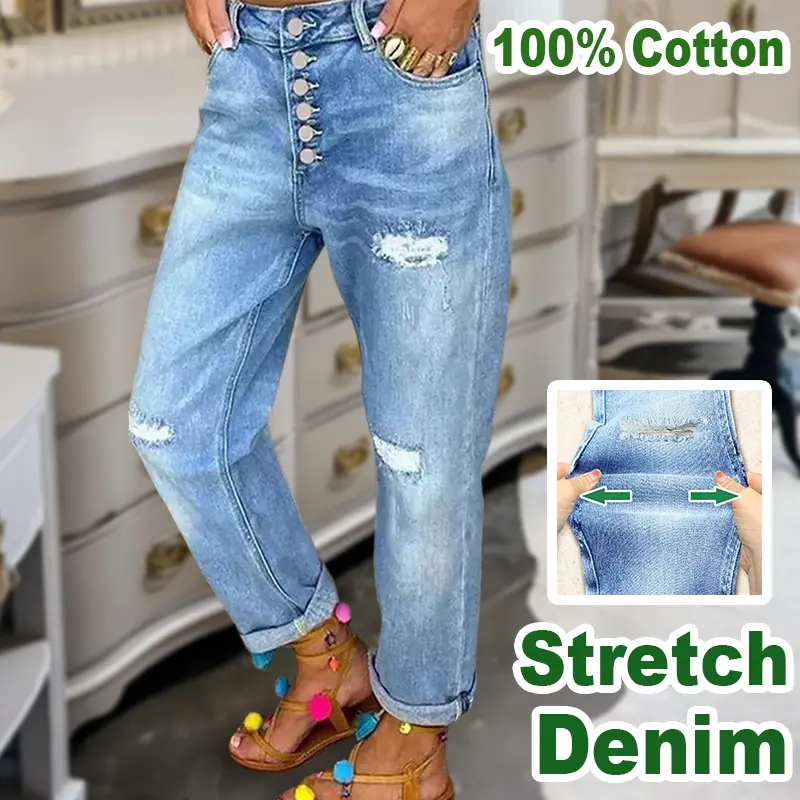 Cherrybetty Cotton Casual Cut Out Button Fly Street Style Jeans Bottoms Chic Women's Fashionable Comfortable Denim Pants for Day Wear straight leg jeans Blue Outfit mom jeans Basic Elegant