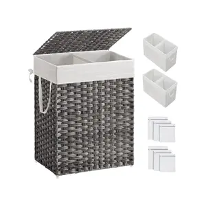 SONGMICS Laundry Hamper with Lid, 90L Clothes Hamper with 2 Removable Liner Bags & 6 Mesh Bags, Wicker Laundry Basket, Double Laundry Hamper for Bathroom, 13 x 18.1 x 23.6 Inches, Gray ULCB251G01V1