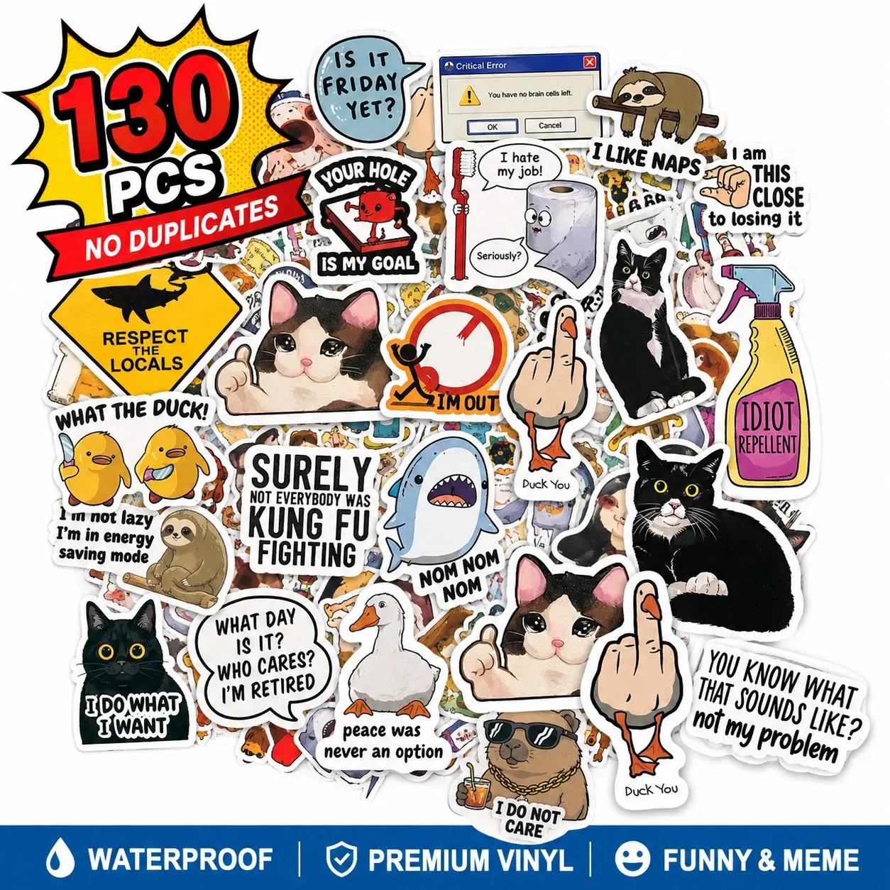 130PCS Funny Saying Sticker Pack – Snarky, Bold & Sarcastic Meme Stickers for Adults, No-Repeat Unique Designs, Waterproof Vinyl Decals for Laptops, Water Bottles, Phone Case, Hard Hats, Notebooks – Perfect Gag Gift for Men & Women, journal sticker