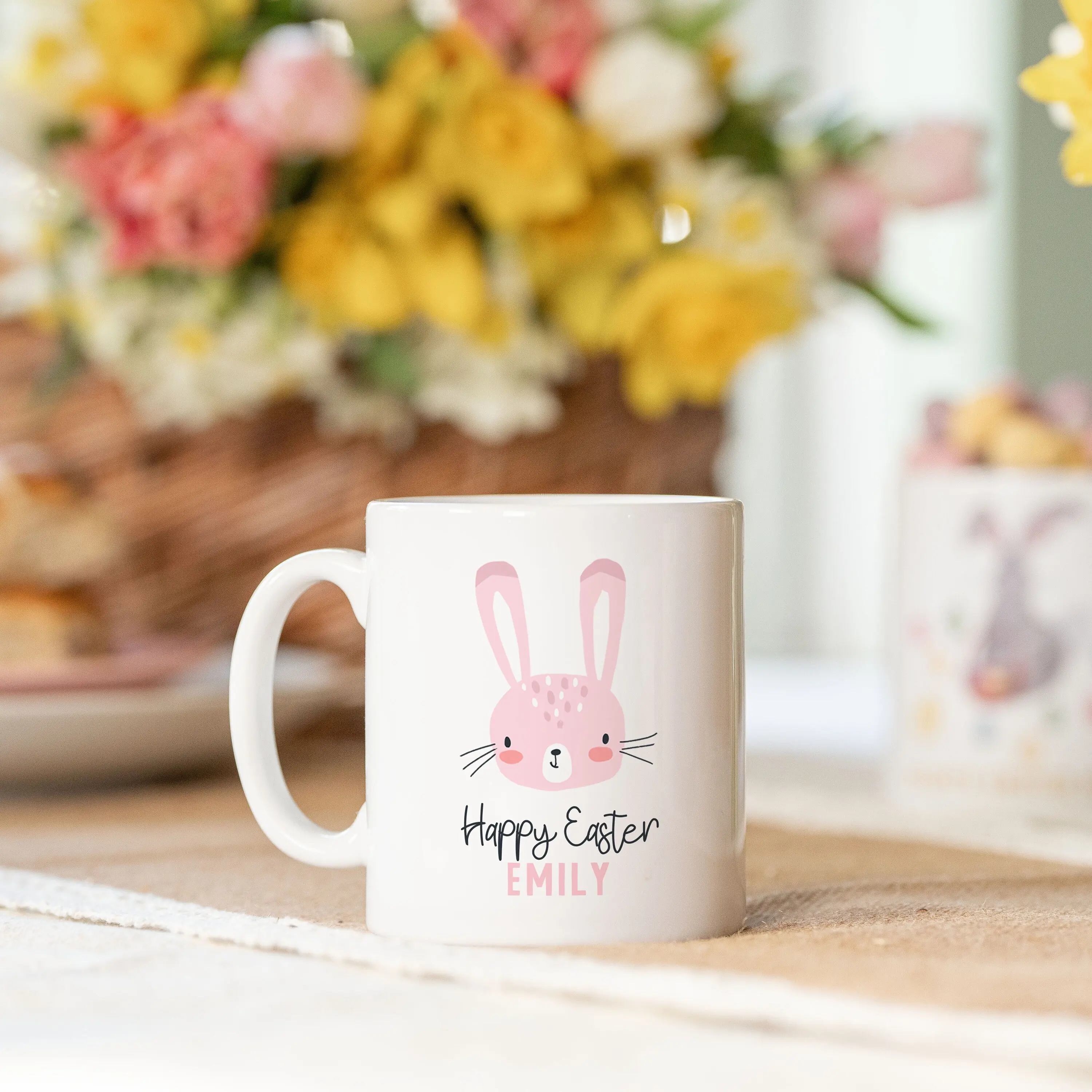 Personalised Easter gift, pink easter bunny, happy easter, to go with easter egg, rabbit, easter basket, egg, gift, her, child, kids Ceramic Drinkware