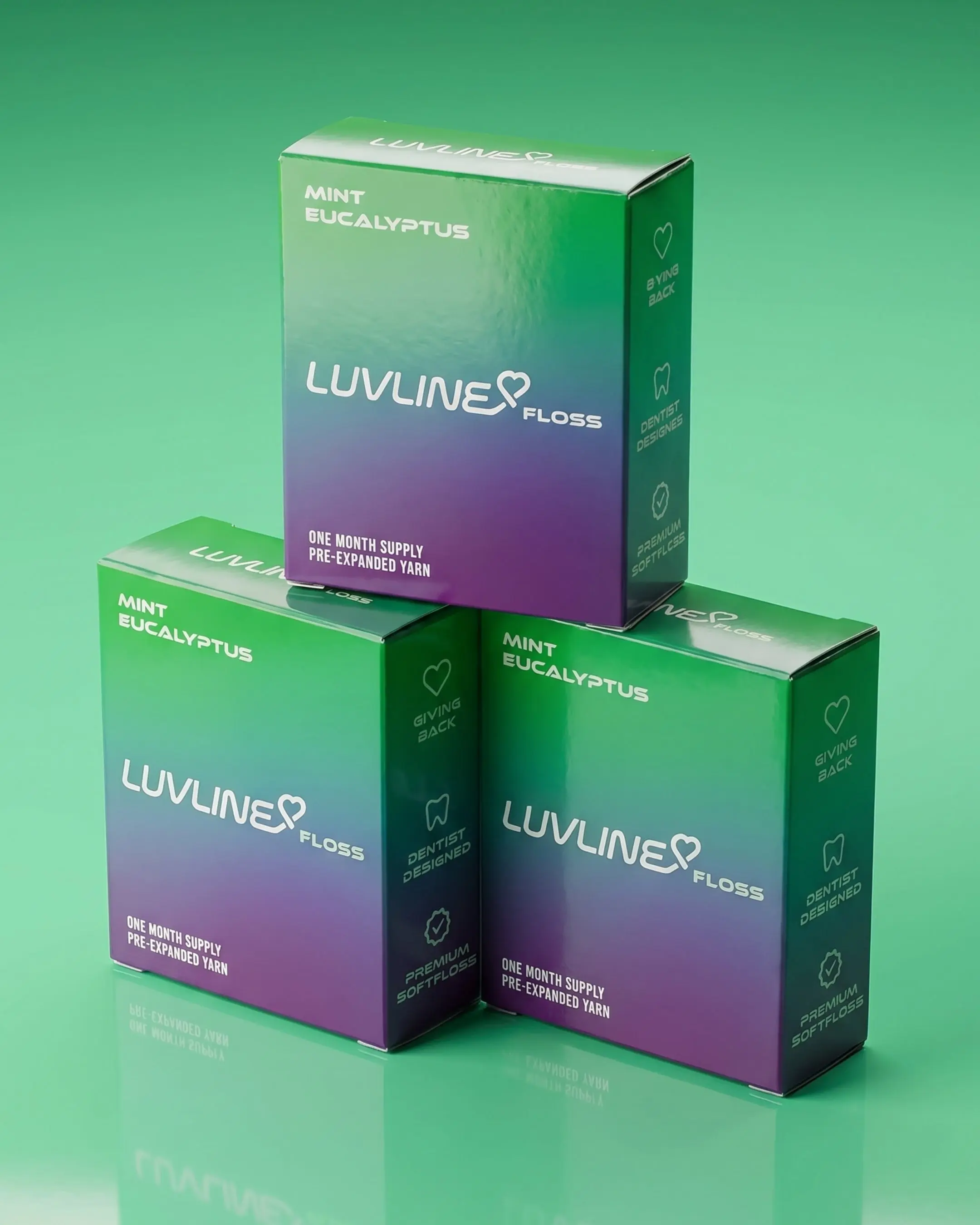 LUVLINE Mint Eucalyptus 3-Piece Set — 3pc Pre-Expanded Dental Floss with Vitamin E, Dentist-Designed Oral Care to Fight Cavities — 3 SoftFloss Spools (1 month supply each)