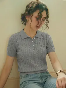 Elegant Women's Spring Summer Fashion Casual Home Leisure French Style Twisted Texture Button Half Open Knit Short Sleeve Sweater Tee Top