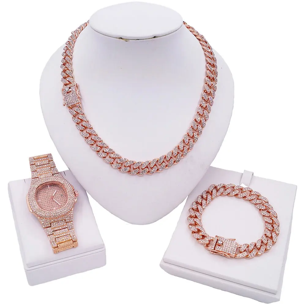 Hip Hop Iced-Out Rose Gold Jewelry Set for Women - Miami Cuban Necklace, Bracelet, Watch, Jewelry Box #202, Jewelry For Women