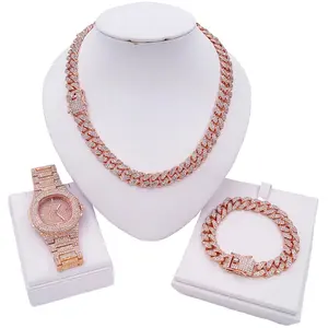 Hip hop set Miami cuben necklace bracelet icedout watch rose gold color #202
