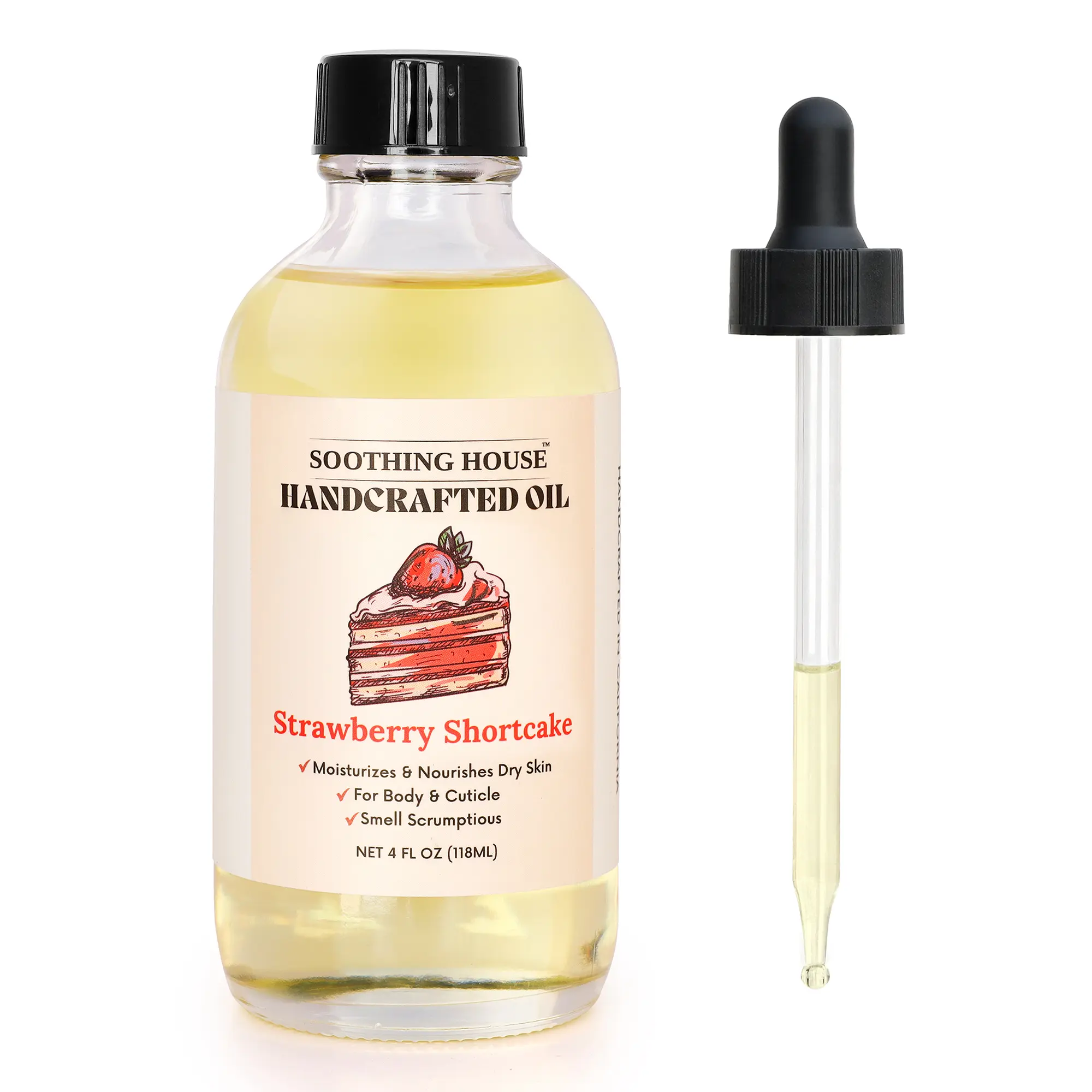 Soothing House Strawberry Shortcake Body Oil - Vegan, Creamy, Sweet Fruity Dessert Fragrance with Vanilla & Coconut Notes, Hydrating, Lightweight, Non-Greasy, Long-Lasting Glow, Gift for Her, Aroma, Radiant, Gentle, Sensitive, Moisture, Food, Signature Sc