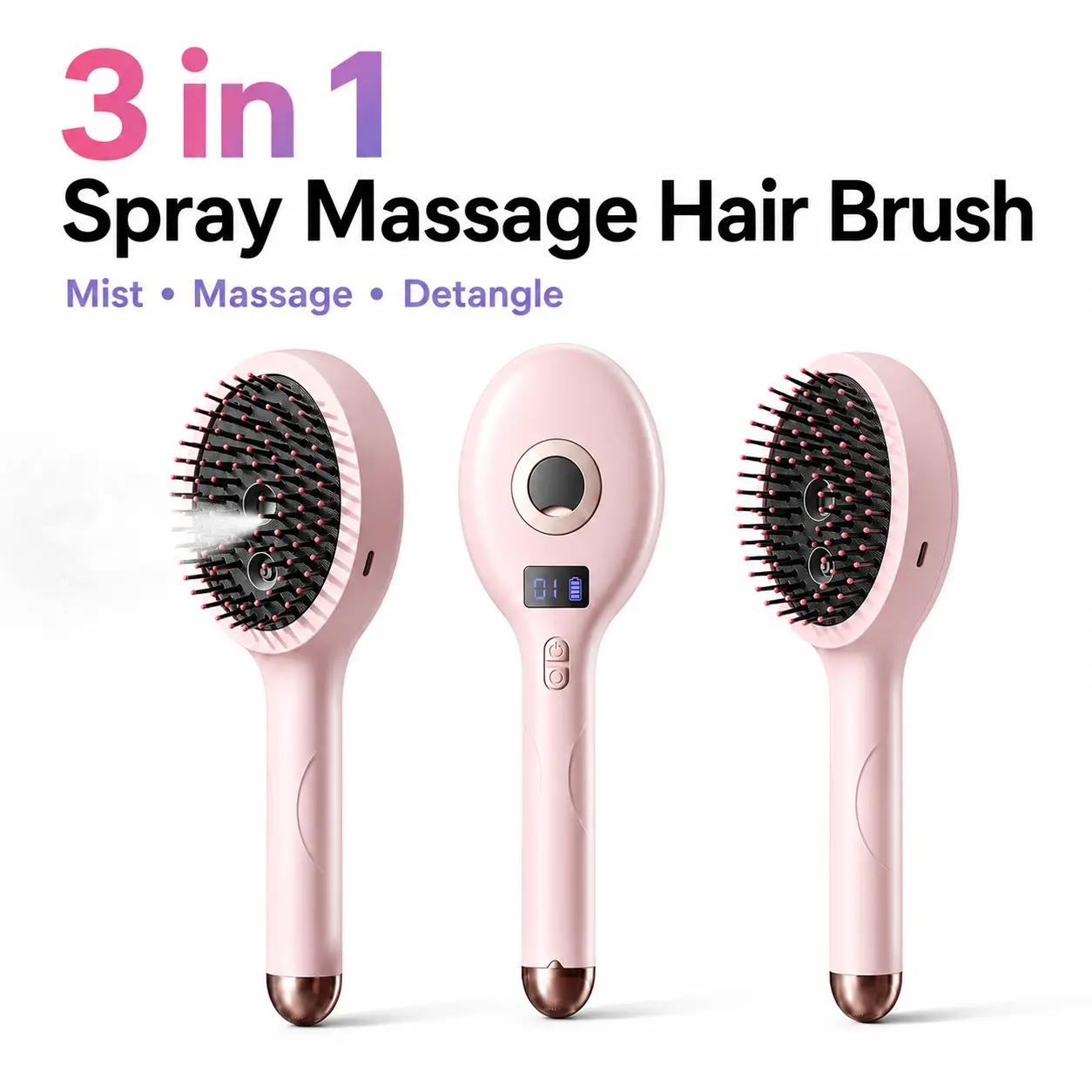 3-in-1 electric spray massage comb, self-cleaning and anti-tangling styling comb, equipped with a 55ml refillable water tank, anti-static scalp massage comb, suitable for dry, curly, thick, and frizzy hair.