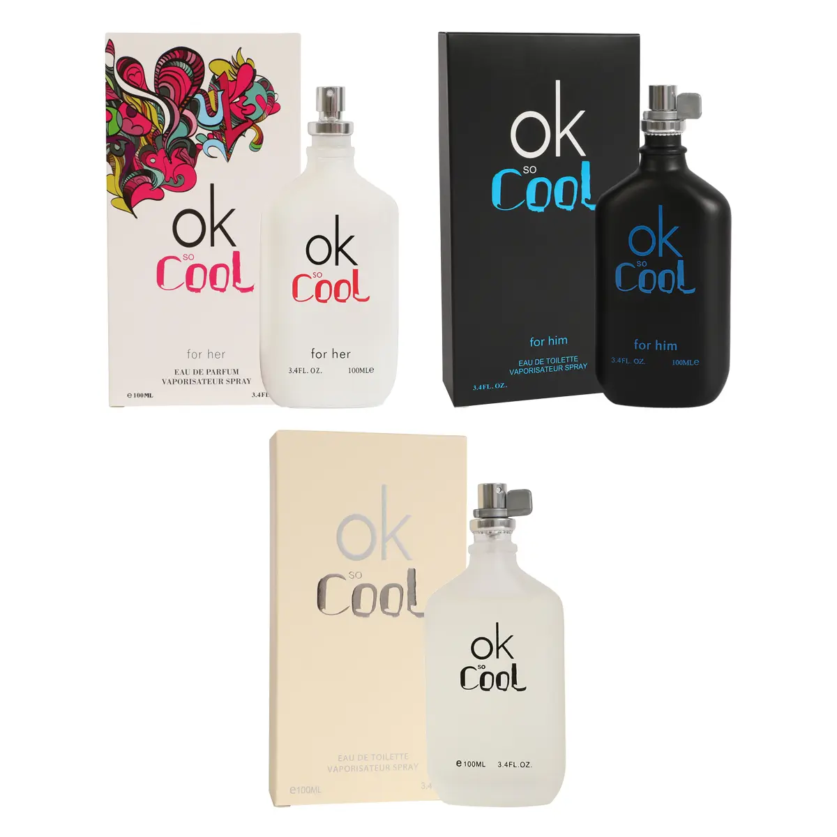 Bundle of Ok So Cool Perfumes, Original, White and Black Eau De Toilette Spray Cologne for Men 100ml/3.4fl.oz. - Fragrance for Men