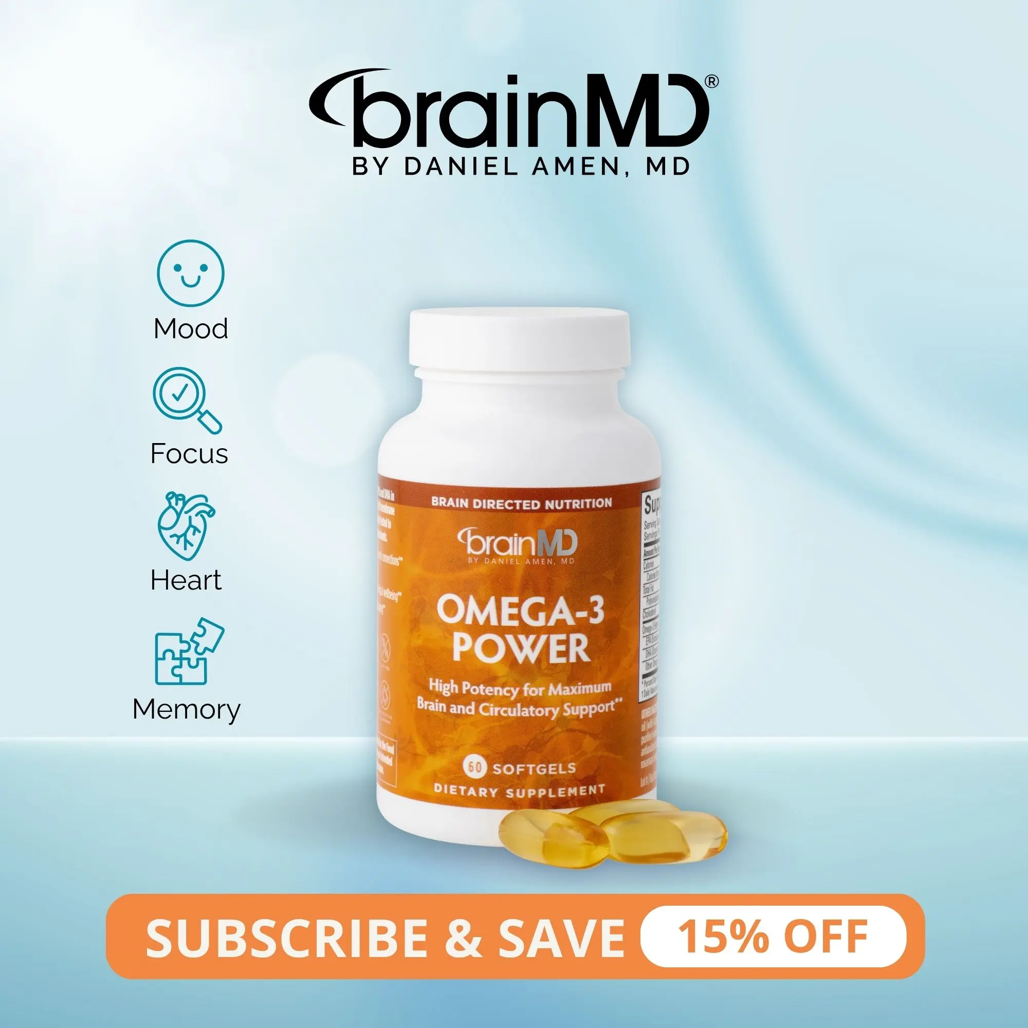 Omega-3 Power | BrainMD | 60 Softgels | Heart, Brain & Mood Support | Focus, Memory & Joint Health Support | EPA & DHA Fish Oil