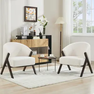 Garvee Cozy Mid-Century Modern Accent Chair for Living Room - Upholstered Armchair with Wood Frame, Soft Fur Fabric, Easy Assembly - Deep Walnut Foot | Soft Fur | Beige