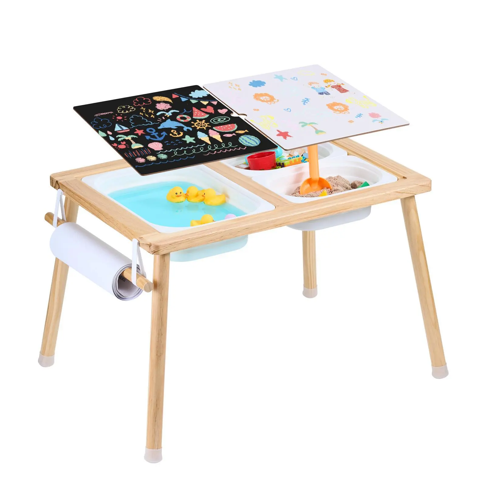 VEVOR Toddler Pine Rectangle Multi Activity Table - Portable Foldable Tabletop Desk with 3 Folding Storage Bins, Paper Roll Holder, Sensory Sand & Water Play, Toddler Fine Motor Skills Development Gift