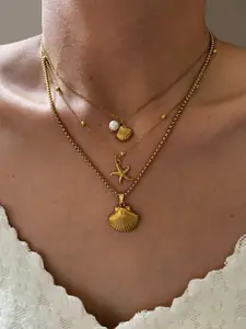 Waterproof Stainless Steel Starfish Shell Pendant Necklace Imitating Pearl Beach Party Vacation Women's Jewelry Gift