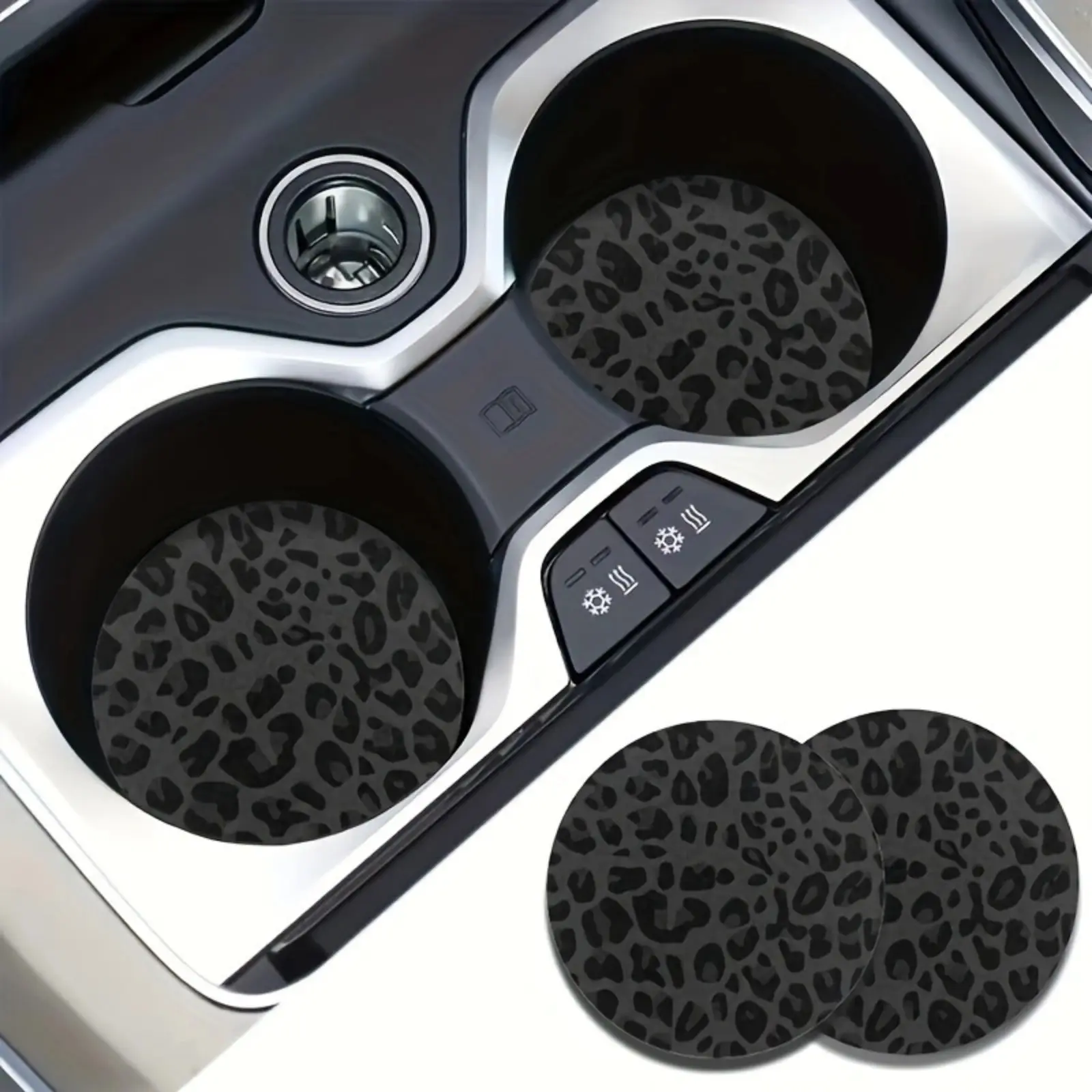 Summer Black Gray Leopard Print Car Coasters, 2PCS Non-Slip Cup Holder Inserts, Y2K Style Car Interior Accessories