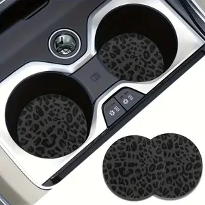 Summer Black Gray Leopard Print Car Coasters, 2PCS Non-Slip Cup Holder Inserts, Y2K Style Car Interior Accessories