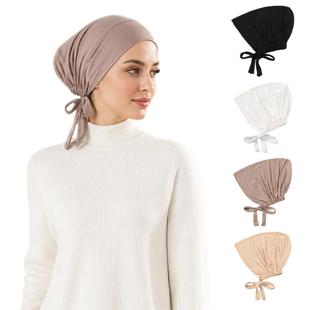 4pcs Under Scarf Hijab Cap with Tie-Back Closure Jersey Inner Cap with Rope Bonnet for Muslim Women vintage hats