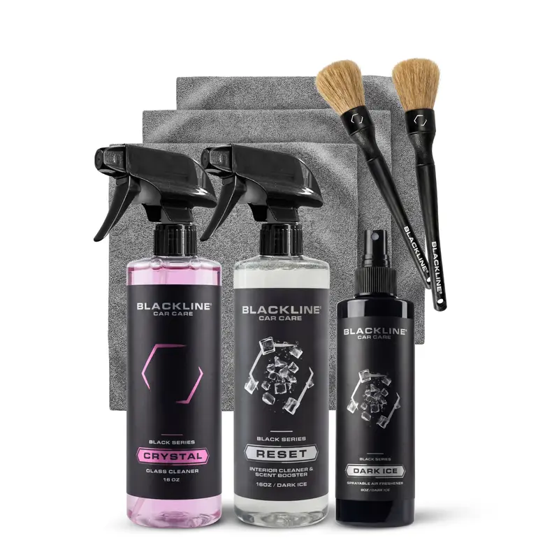 Car Interior Detailing Kit Live Bundle, Interior Car Cleaner, Streak Free Glass Cleaner, Dark Ice Air Freshener, Boars Hair Brush Set, Microfiber Towels 3 Pack, Spray Bottle, BLACKLINE Multipack