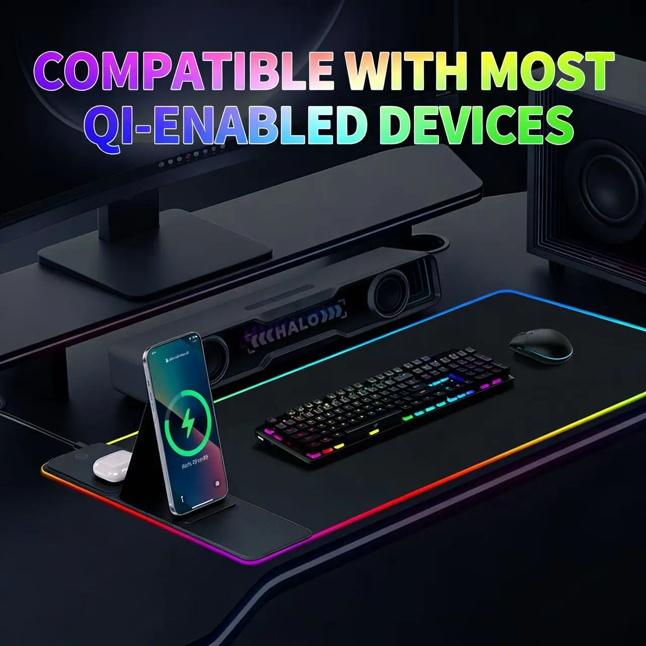 RGB Gaming Mouse Pad with Wireless Charging & Phone Stand, Large Extended LED Desk Mat with Fast Charging for iPhone & AirPods, Multiple Lighting Modes, Non-Slip Rubber Base, Smooth Surface, Perfect for Gaming, Office and Home.
