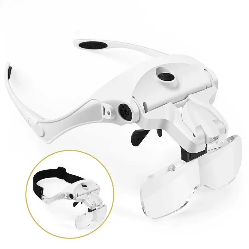 Adjustable Headband Magnifier with Rechargeable LED Light, Electronic Lens Holder, Multitool Accessory for Repair and Reading