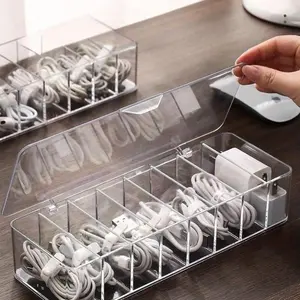 A cable storage box with a lid, Multi compartment, designed to hold data cables, chargers and accessories, to achieve a tidy desk arrangement and to store cables, Organizer Storage Supplies