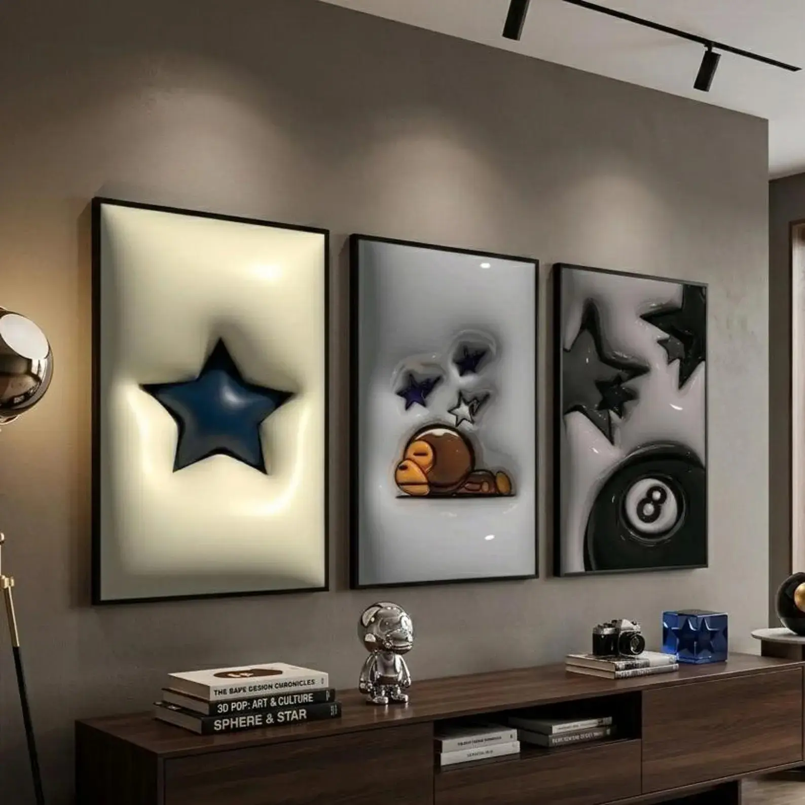 Set of 3 Hypebeast Wall Art Posters - 3D Cool Bundle with Kaws Figure Print, 8 Ball Retro Print, Minimalist Trendy Design | Home Decor Wall Art