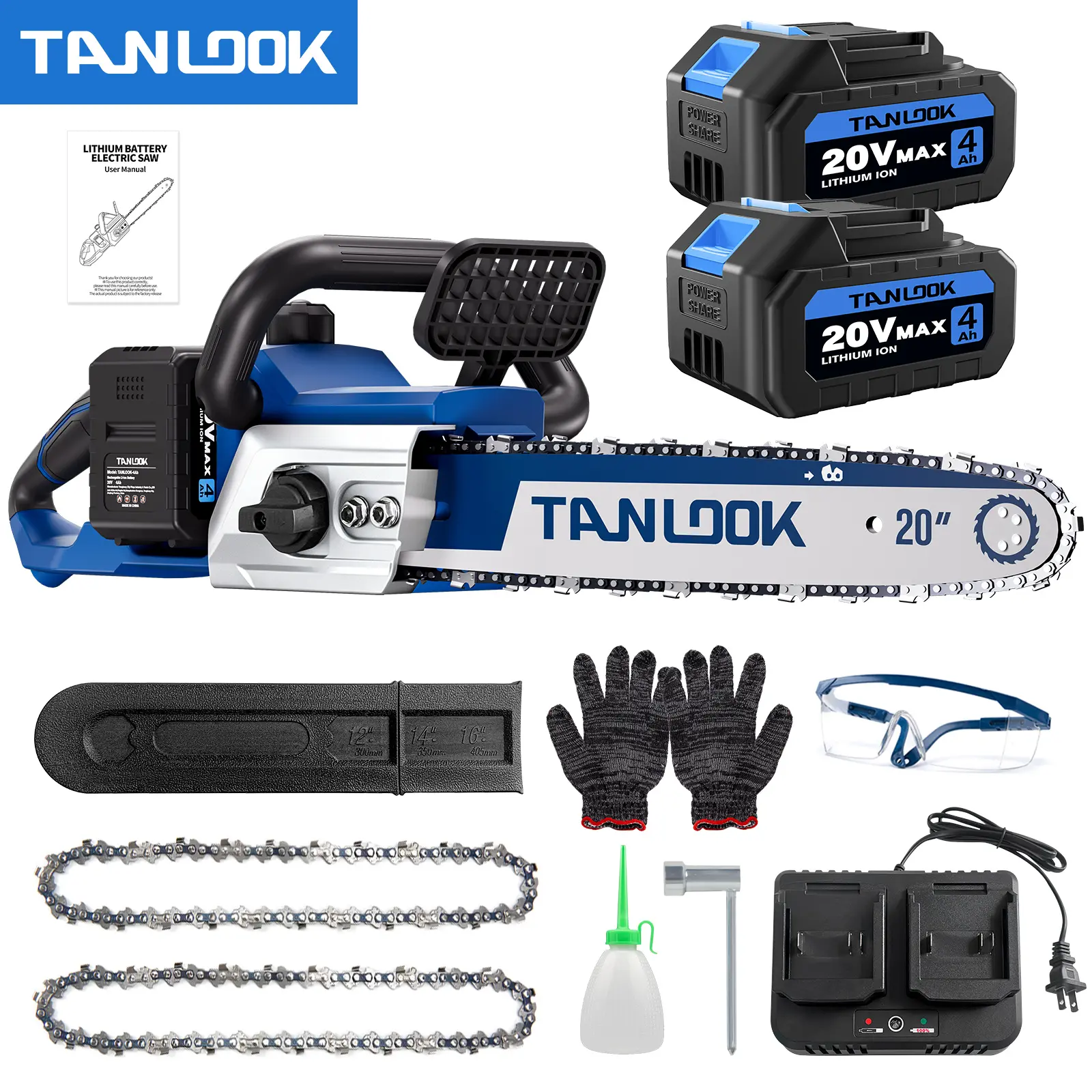 TANLOOK 20V Cordless Brushless Chainsaw, 12-in Battery-Powered Electric Chain Saw with Tool-Free Tensioning, Auto-Oiler, 2x 4.0Ah Batteries & Charger for Wood Cutting, Tree Felling (No Plug Included), Two 4.0Ah Batteries