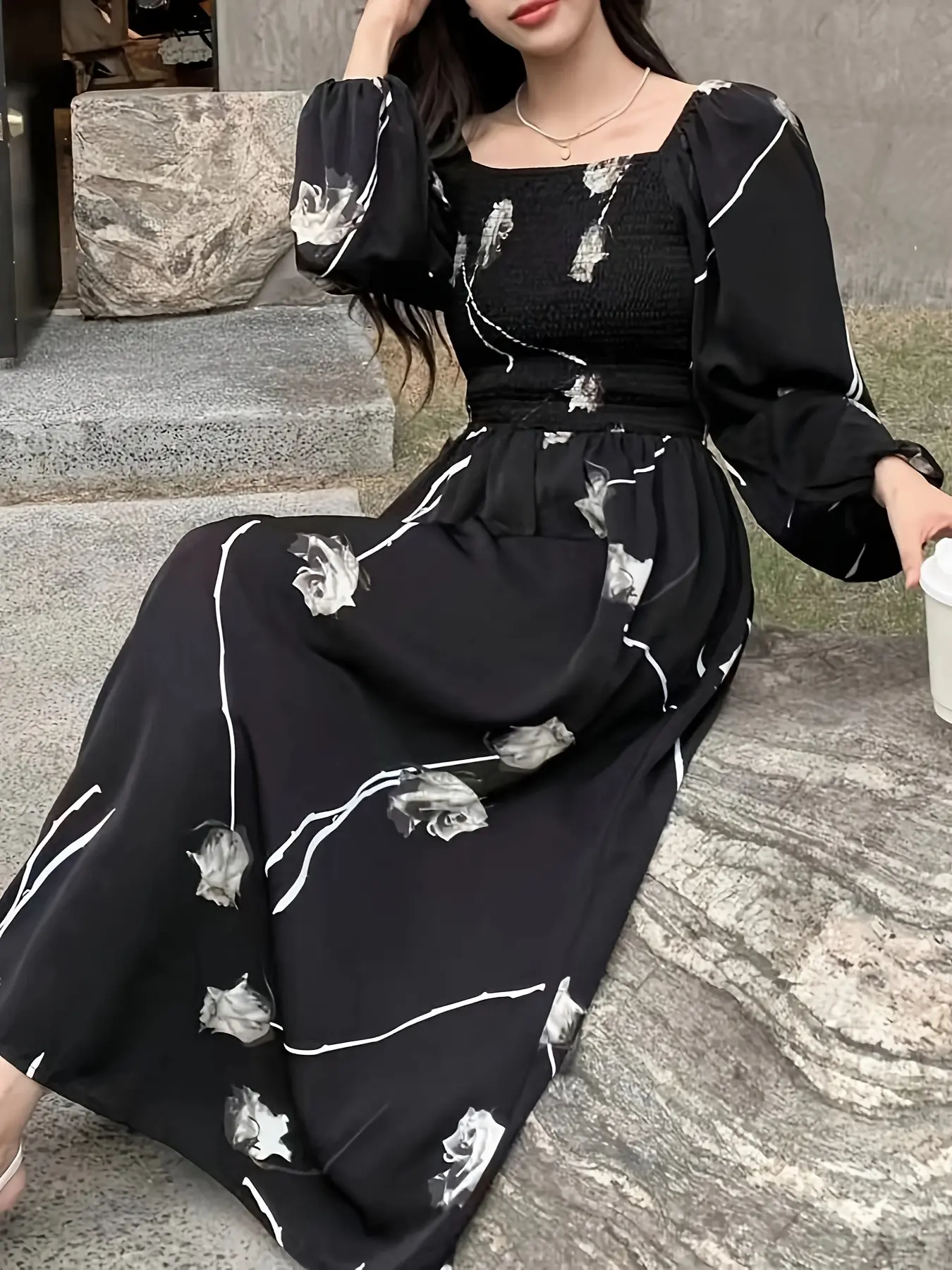 French Vintage Square Neck Bubble Sleeve Ruched Floral Rose Print Long Dress, Elegant Chic Office Date Vacation Dress, Slimming Daily Wear Dress, Casual Wear