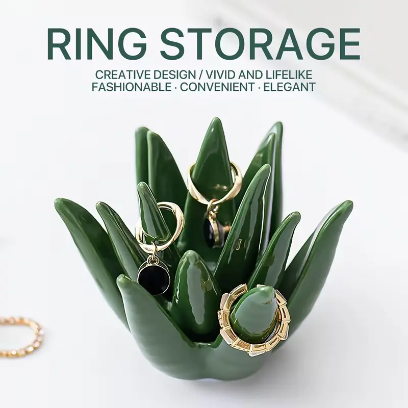Cactus Aloe Ring Holder Tray, Ceramic Jewelry Storage Organiser Display Stand for Home or Office Desk Decor, Cute Gift for Women, Friends and Mom