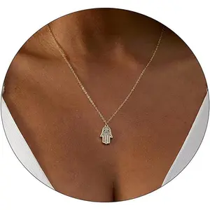 Hamsa Hand Pendant Necklace 14K Gold Plated Cubic Zirconia CZ Hamsa Hand Necklace Dainty Evil Eye Necklace for Women Handmade Necklace Gift for Her