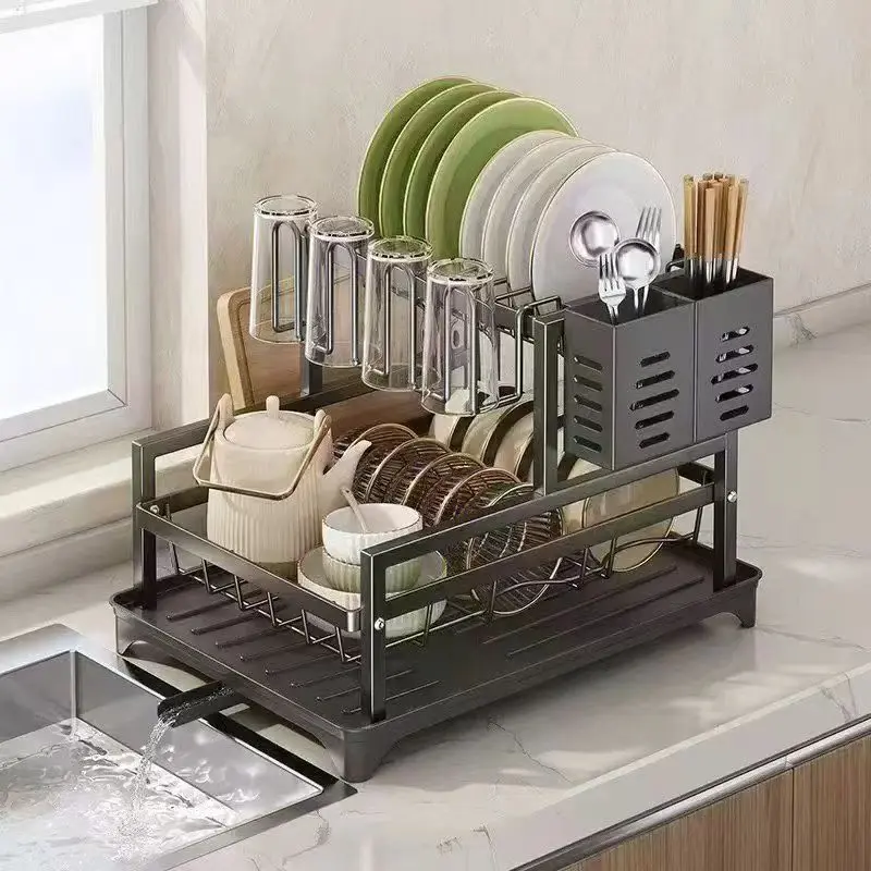 Double-Layer Automatic Drainage Dish Rack With Non-Slip Mat Kitchen Countertop Storage Rack For Plates And Bowls Drain Rack With Knife, Fork, And Cup Holder Gift For Women Mother's Day Gift