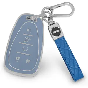 for Chevy TPU Key Fob Cover 5 Buttons Blue Car Key Cover Suitable for 2016-2021 Chevy Malibu Blazer Equinox Trailblazer Camaro Traverse Key Fob Shell for Chevy with Leather Keychain