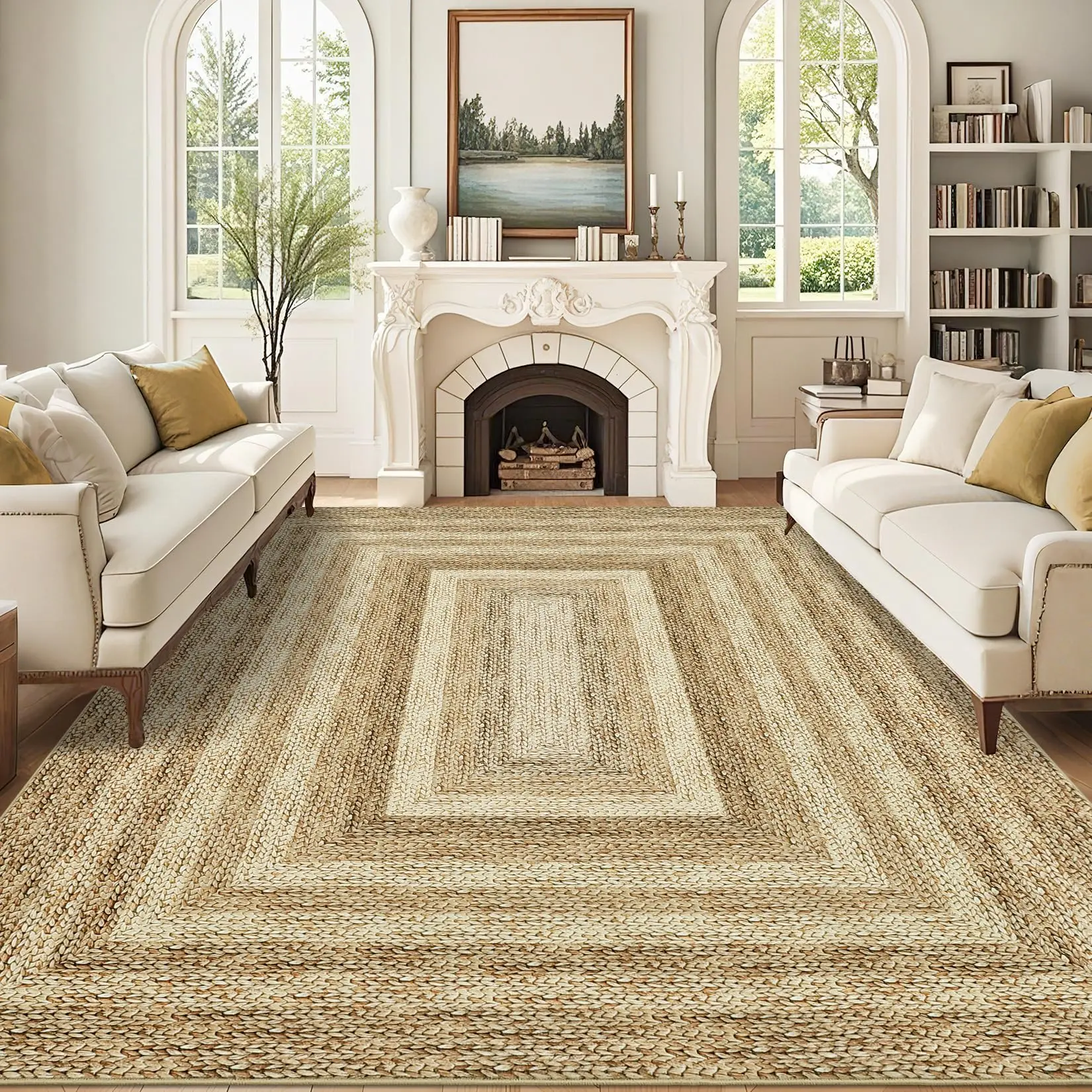 Braided Printed Area Rugs 5x7 Machine Washable Rug Neutral Carpet, Non-Shedding Modern Bordered Throw Rugs, Foldable Washable Neutral Carpet for Bedroom, Kitchen, Office, Linen Color