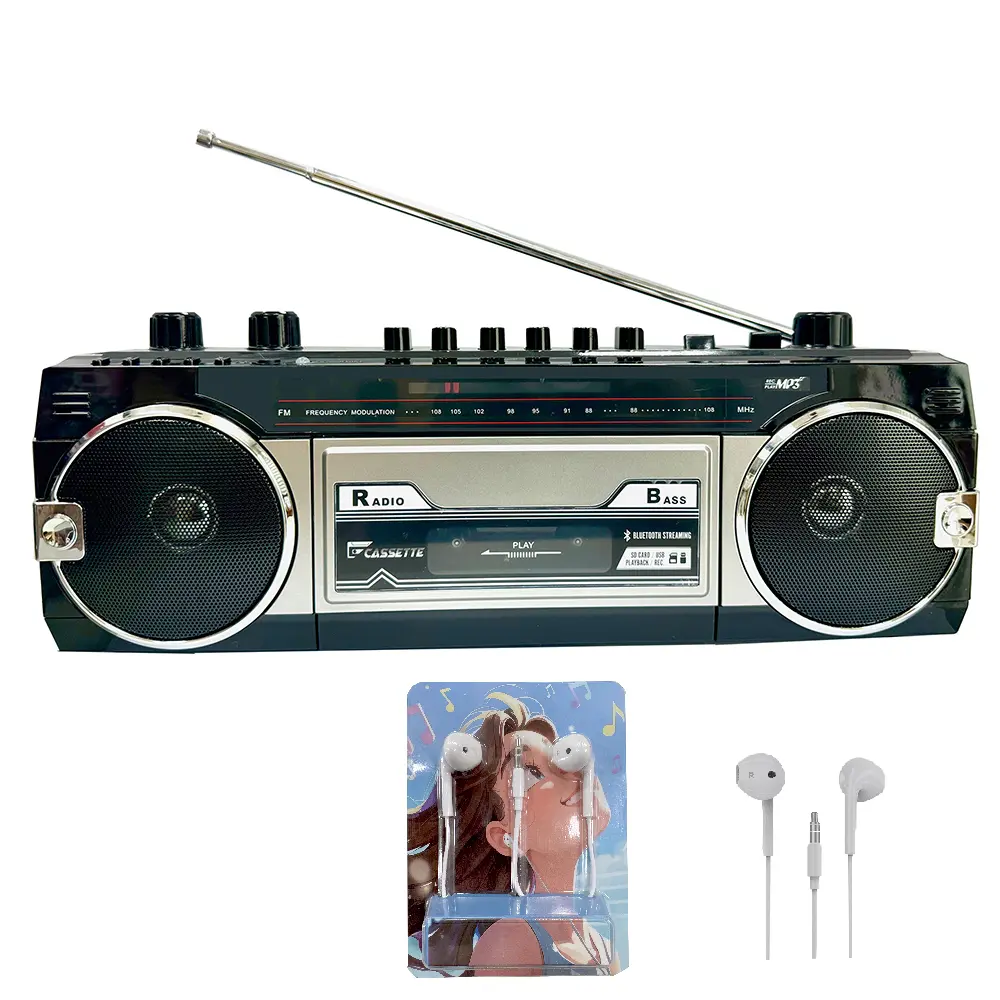 Vintage Retro Bluetooth Boombox Cassette Player Recorder - Audio Device with FM Radio, Wireless Playback, Tape-to-USB/Micro SD Digital Conversion, Built-in Mic, 3.5mm Headphone Jack, Black, Wired Earbuds Included, Card