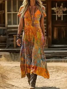 Western Wild West Long Bohemian Ethnic Print Slimming Summer Dress, Vacation Essential, Casual Wear, Western Style Maxi Dress, Women's Fashion