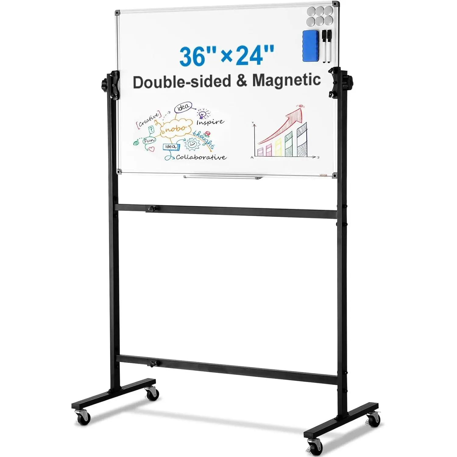 VEVOR Rolling Magnetic Whiteboard, Double-Sided Mobile Whiteboard 36x24 Inches, 360° Reversible Adjustable Height Dry Erase Board with Wheels & Movable Tray for Office, School