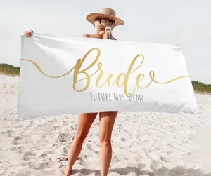 NEW Style Gold Bride Future Mrs Bean Personalized Beach Towel 30x60 Inches Absorbent Fast Drying Soft Cotton Polyester Microfiber Fleece Bath Cloth Printed Design Edge To Edge Custom Made In Los Angeles CA