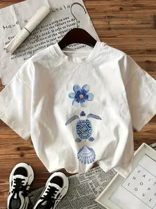 Watercolor Sea Turtle & Shell Graphic Print Tee - Ocean Life Casual T-Shirt