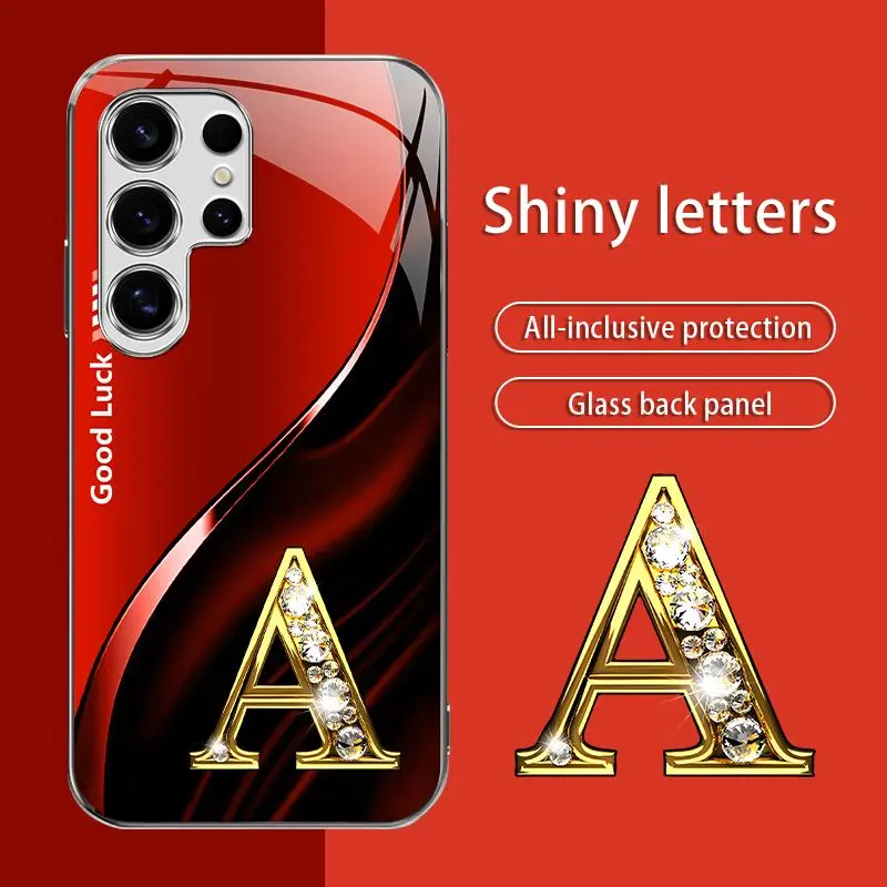 Suitable for [Galaxy S24 Ultra] High-end simple silk 26 letters electroplated metal glass mobile phone case, affordable, fully shockproof, drop-proof, wear-resistant-888