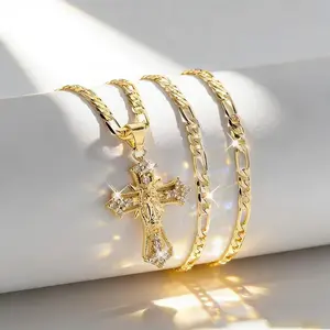 14k Gold-Plated Jesus Cross Pendant Necklace With Sparkling Accents Elegant Religious Jewelry For Graduation Gifts And Daily Wear