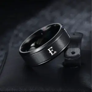 Black Men Ring, Men's Ring Engraved with Letter E, Couple Ring Engraved with First Letter of Name, Men's Ring Designed with Alphabet A-Z, Daily Wear