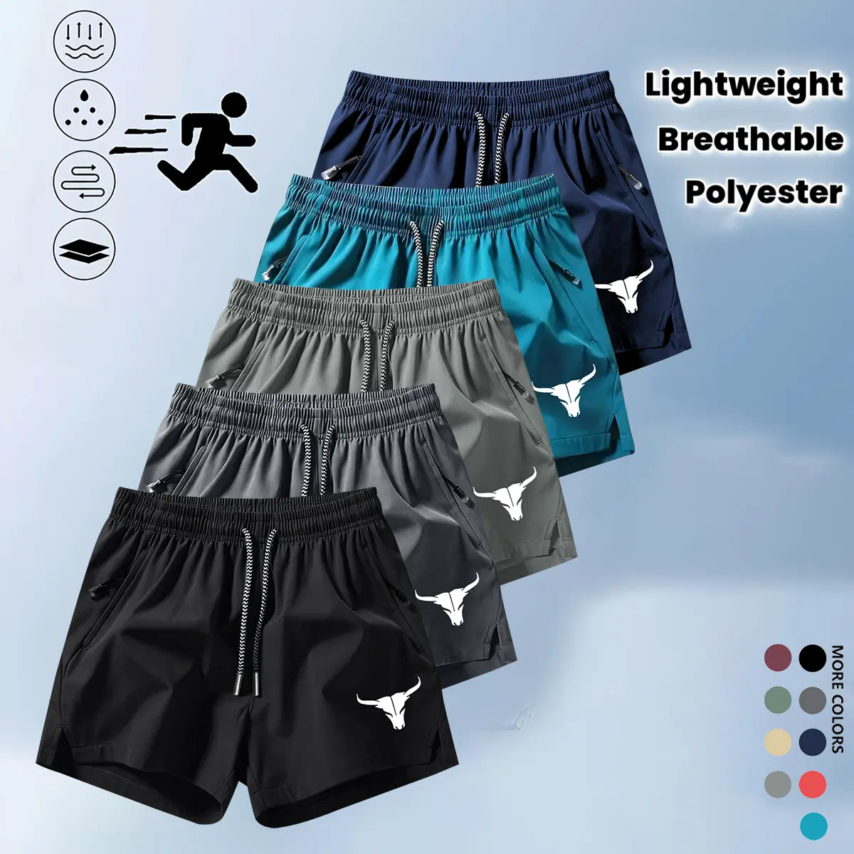 Men's breathable beach vacation shorts with pockets - stylish bull head print, lightweight drawstring swimming and sports pants, polyester/elastane blend, summer casual wear, beach shorts | Fashion bull print | Functional pockets | Valentine's Day gift,su