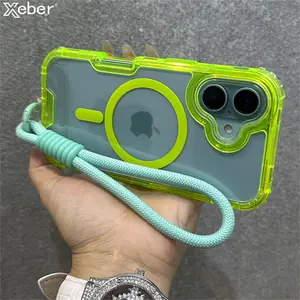 3in1 Bumper Transparent Magnetic For Magsafe Lanyard Wrist Strap Case For iPhone 15 11 12 13 14 16 Pro Max Plus Hard Armor Cover