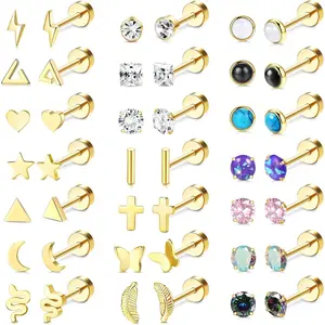 YADOCA 25 Pairs Surgical Steel Stud Earrings for Women Multipack Cartilage Earring Opal Moonstone Turquoise Butterfly Flower Star Flat Back Earrings Silver